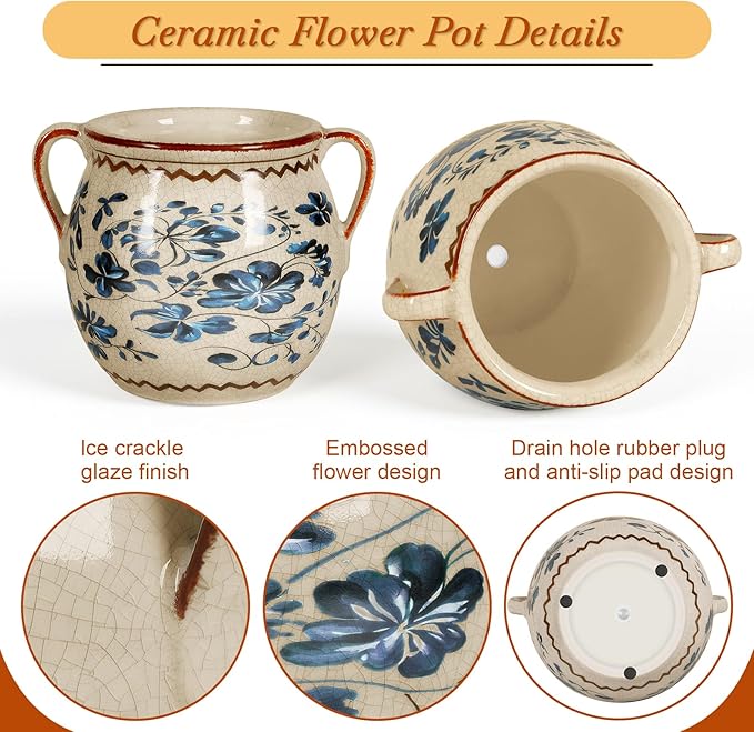 BUYMAX Ceramic Plant Pots for Indoor Plants with Drainage Hole, Vintage Crackle Glaze Hand-Painted Blue Flower Planter with Handles, Small Decorative Hanging Planter