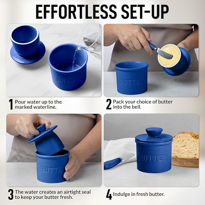 Zulay Kitchen Bell Shaped Butter Crock with Lid for Countertop with Water Line & Spreader Knife, Ceramic French Butter Dish Keeper For Fresh, Soft & Spreadable Butter - Blue