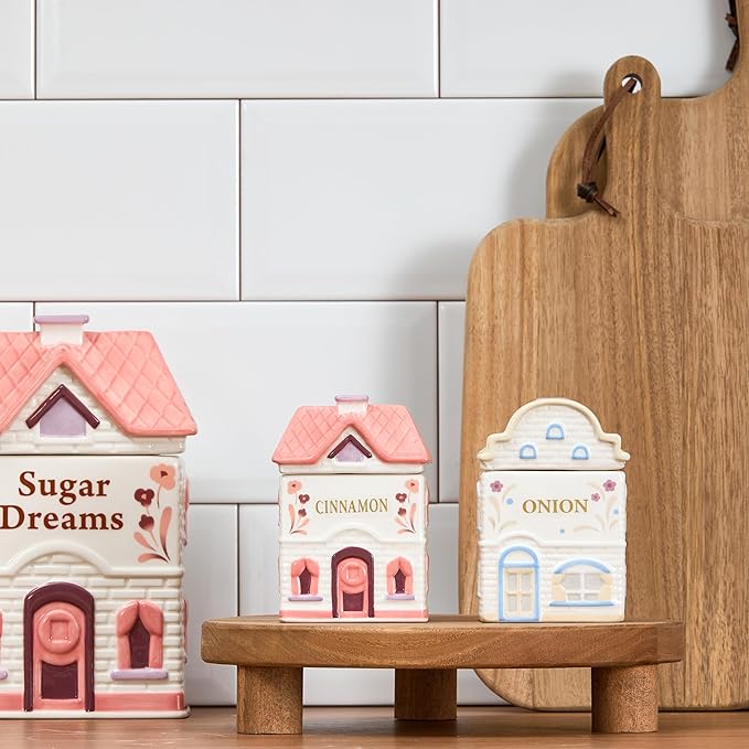 Bico Spice Cottages Pink and White 4 oz Ceramic Spice Jar Set of 2 with Labels, Hand-Painted, Airtight Kitchen Spice Container Organizer