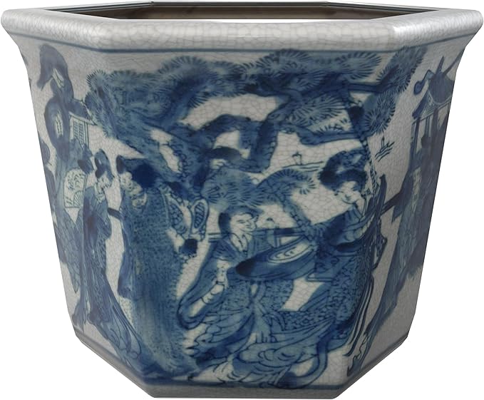 Red Lantern 10" Porcelain Flower Pot, Ladies Blue & White