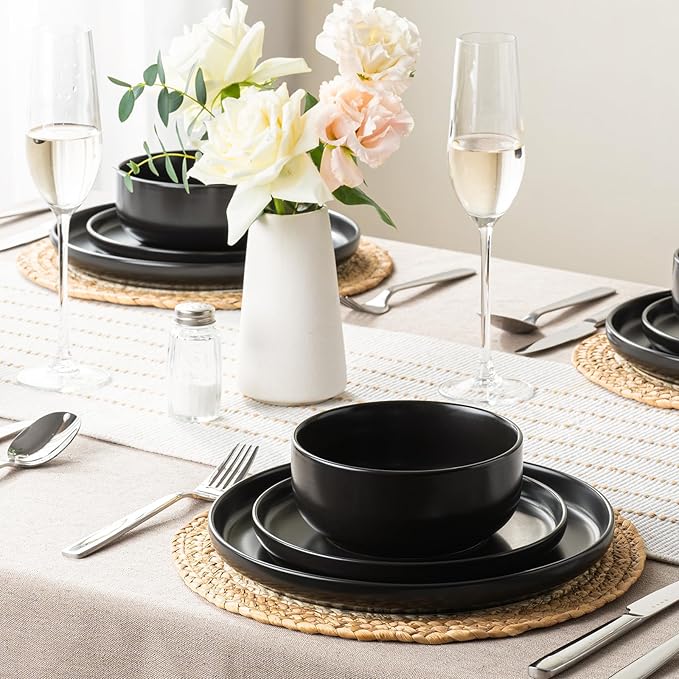 EWFEN Plates and Bowls Sets, 24 Pieces Ceramic Dinnerware Set for 8, Stoneware Dishware Dishes Set, Scratch Resistant Dishes Set, Dishwasher & Microwave Safe, Black