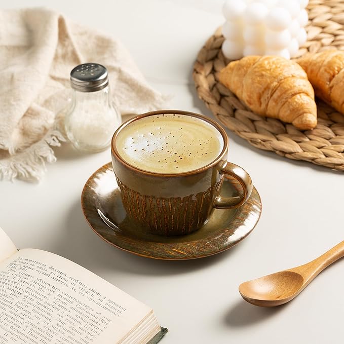 Ceramic Latte Cup with Saucer, 7 oz, Coffee Mug, Espresso Cups for Cappuccino, Milk Tea and Mocha, Dishwasher and Microwave Safe (brown)