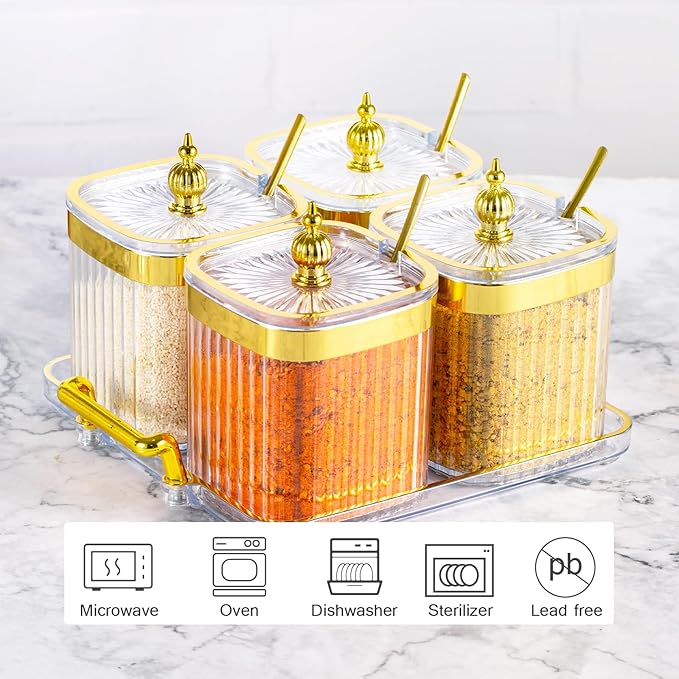 4 Pack Clear Condiment Spice Jars with Lids, Spoons, Tray - Plastic Seasoning Box Set for Salt, Pepper, Sugar - Kitchen Storage