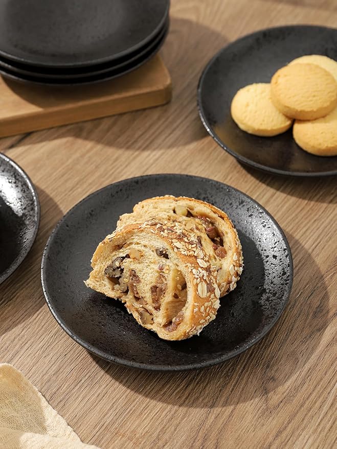 Kanwone Ceramic Dessert Plates Set of 6, Small Salad Plates 6 Inch Appetizer DIshes for Kitchen, Mini Dinner Plates for Cake Snacks Side Dish, Microwave, Oven and Dishwasher Safe, Black Glazed