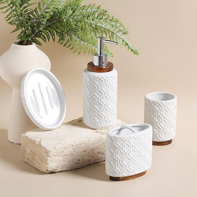 Elegant 4 PCS Ceramic&Wood Bathroom Accessories Set:Soap Dispenser,Toothbrush Holder,Tumbler,Soap Dish,Easy to Clean,Quatrefoil Pattern,White-Affordable Luxury for Home Decor Enthusiasts