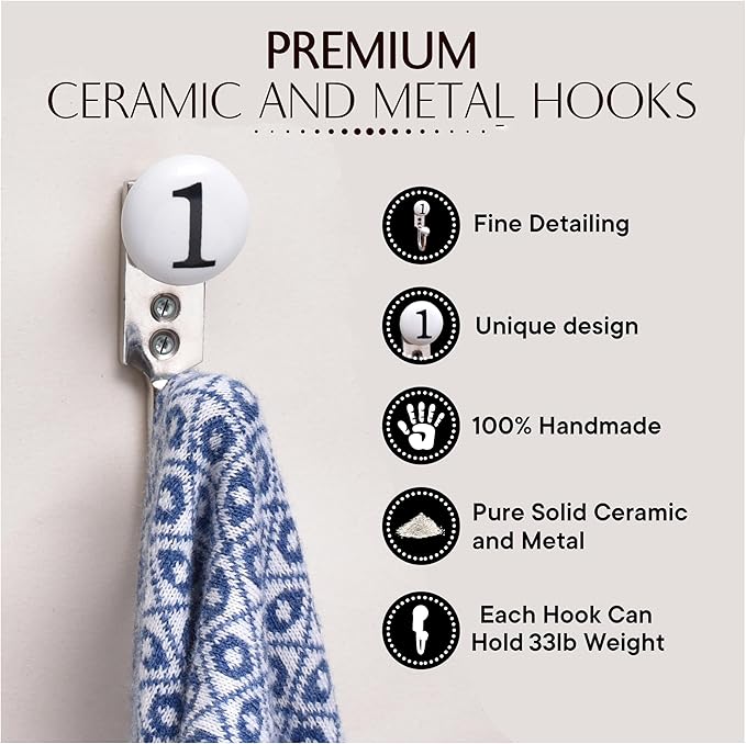 IndianShelf Artisan Ceramic, Zinc Decorative Cute Hooks for Hanging Coats, Jackets, Leash, Hat, Towel, Backpack, Purse, Handbag -White