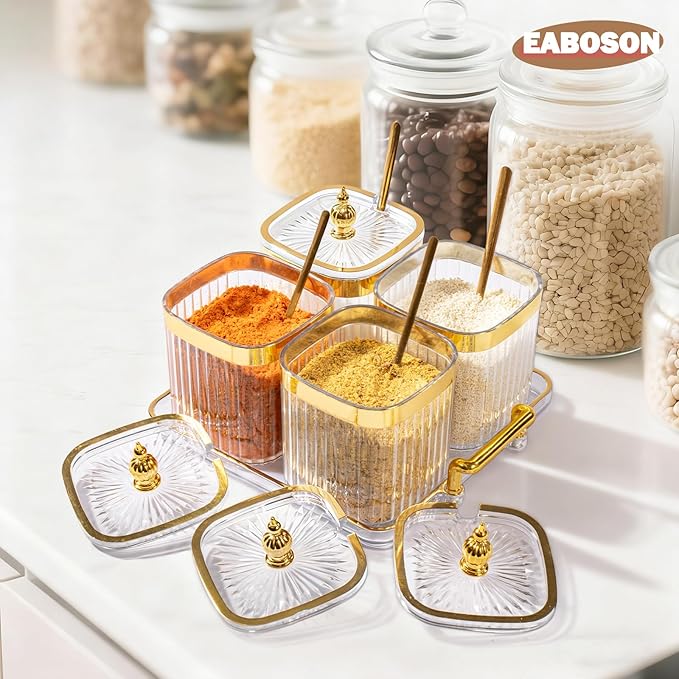 4 Pack Clear Condiment Spice Jars with Lids, Spoons, Tray - Plastic Seasoning Box Set for Salt, Pepper, Sugar - Kitchen Storage