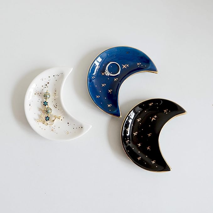 Small Moon Jewelry Dish Tray, Decorative Ceramic Trinket Dish, Modern Accent Tray for Vanity, White