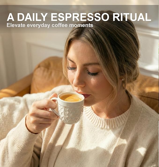 25DOL Ceramic Espresso Cups Set of 4 - White Cappuccino Cup with Nature Engravings and Comfort-Grip Handle - Expresso Coffee cups, 3.3 Oz Small Lead-Free Shot Mugs, Safe for Dishwasher, Microwave