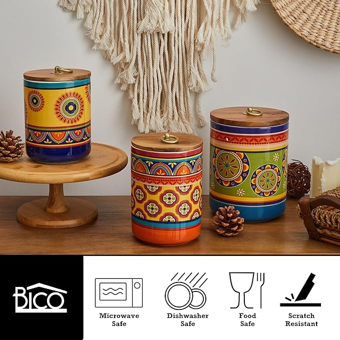 Bico Tunisian Ceramic Canister Set of 3 for Kitchen Counter, 62oz, 40oz, 32oz each, with Wooden Air Tight Lid, Food Storage Jar for storing Coffee, Tea, Spice, Dishwasher Safe