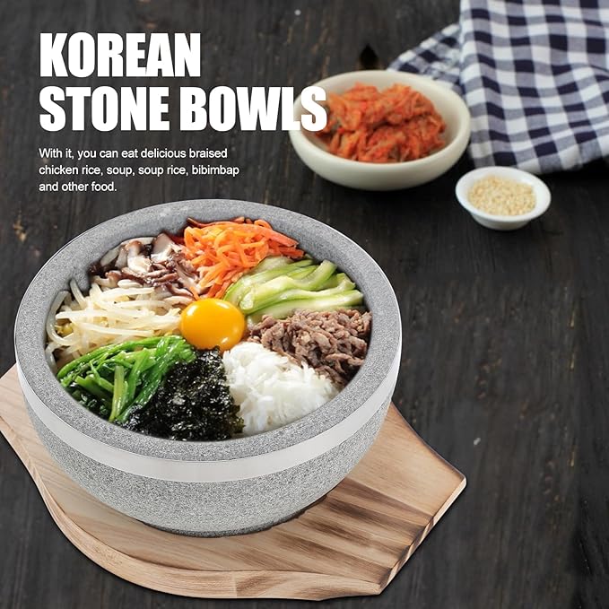 Zerodeko Bibimbap Bowl: Korean Stone Pot with Wood Base - Decorative Stone Bowl - Cooking Utensils for Home Restaurants Korean Soup Food Rice Stew
