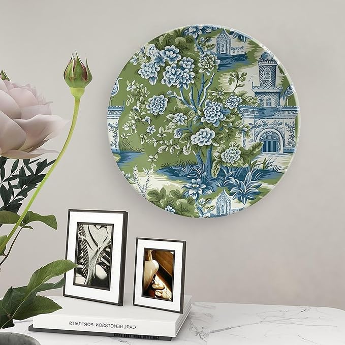 Pagoda Garden Imperial Green Chinoiserie Vintage Plates, Ceramic Ornaments Dessert Plates for Kitchen Farmhouse Decor, Including Bracket And Special Hook Art Decorations for Art Decoration Festival