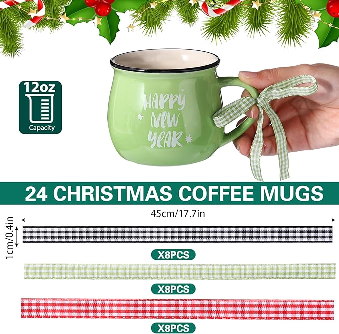 Sliner 24 Pcs Christmas Coffee Mugs, 12 oz Ceramic Mug Gift Holiday Hot Cocoa Tea Cups for Family Friend Staff Winter Holiday Gift School Office Table Centerpieces(Red,Green,White)