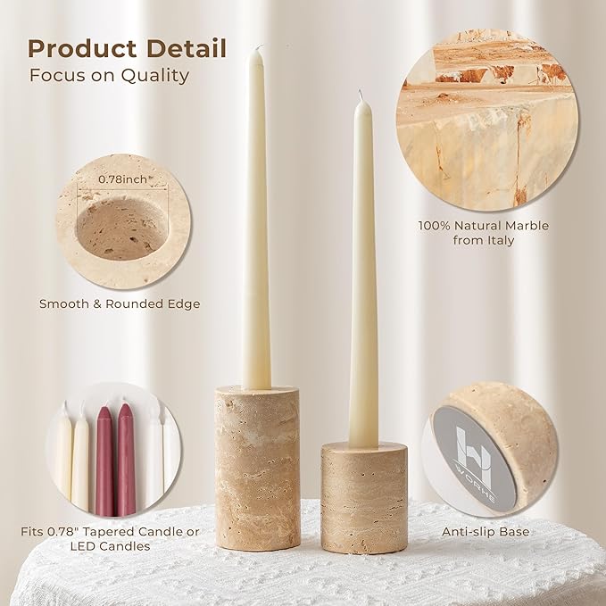 WORHE Candle Holders True Natural Marble Set of 2 Decorative Candlestick Holder for Table Centerpieces Home Dinning Party Wedding Birthday Premium Candles Stand for 3/4 inch Candles Beige (ZT017R)