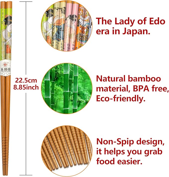 10 Pairs Reusable Bamboo Chopsticks, Edo Period Lady Pattern Natural Bamboo Wood Chopsticks, 8.8Inch/22.5cm Polybag packing by LANHUTHS