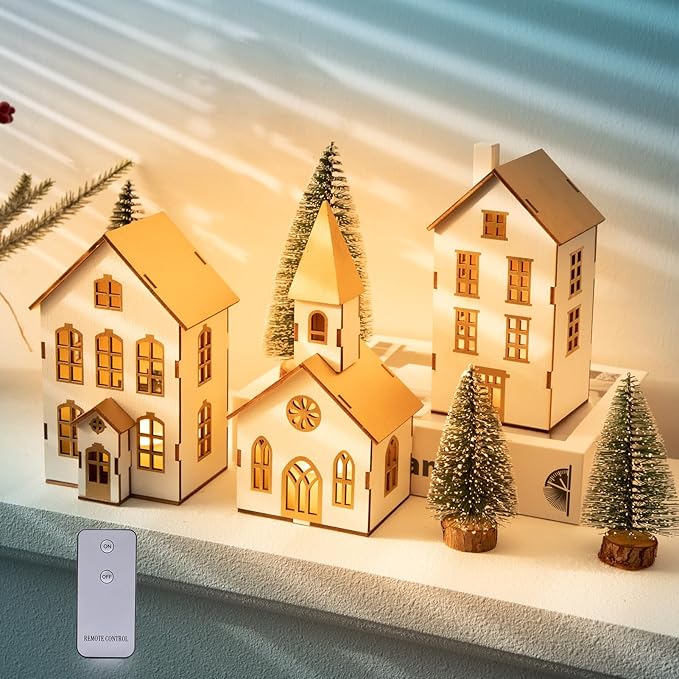 7 Pcs Christmas Village Figurines Sets - 3 LED Lighted Houses with Remote Control & 4 Trees - Christmas Decorations Indoor - Xmas Holiday Farmhouse Rustic Decor for Table Room