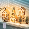 7 Pcs Christmas Village Figurines Sets - 3 LED Lighted Houses with Remote Control & 4 Trees - Christmas Decorations Indoor - Xmas Holiday Farmhouse Rustic Decor for Table Room