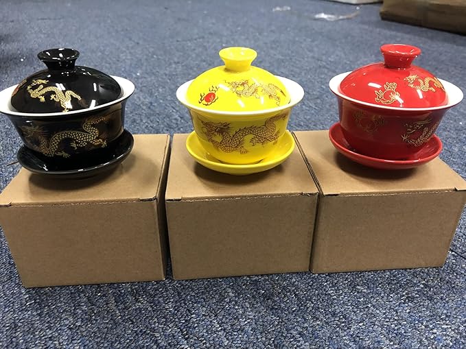 Porcelain Kung Fu Tea Cup and Saucer with Lid, Chinese Traditional Gaiwan Sancai Tea Bowl Tea Set Dragon Pattern (Yellow)
