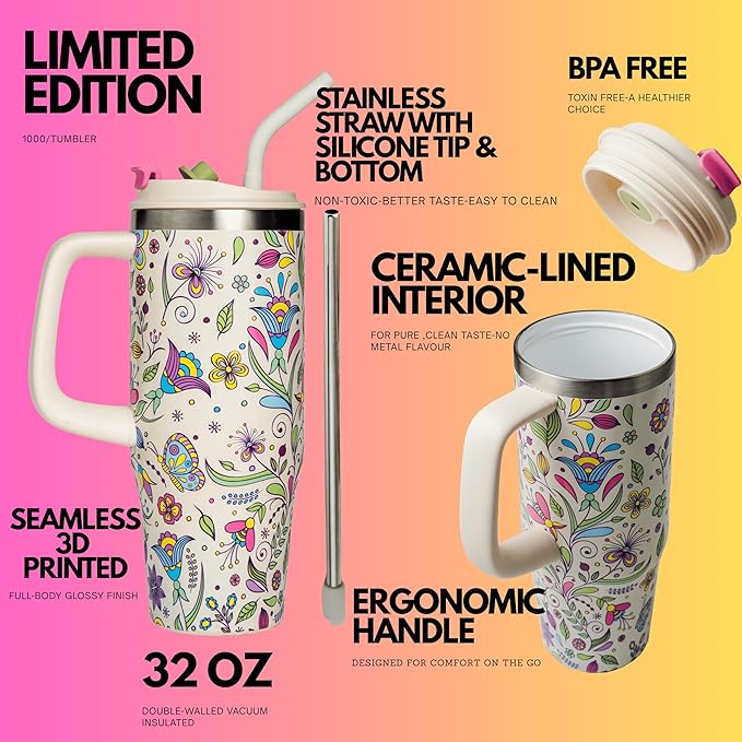 32 Oz Insulated Stainless Steel Tumbler with Handle and Straw lid | Limited Edition | Ceramic Lined Interior | Leak-proof | Travel Mug for Hot/Cold Drink | Carrying Bag Gift Blossom