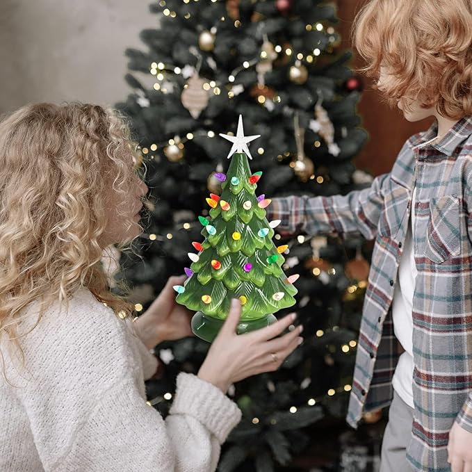 VCUTEKA Small Ceramic Christmas Tree Hand-Painted Vintage Tabletop Green Christmas Tree Holiday Decoration with Multi-Color Lights 12.2 inch
