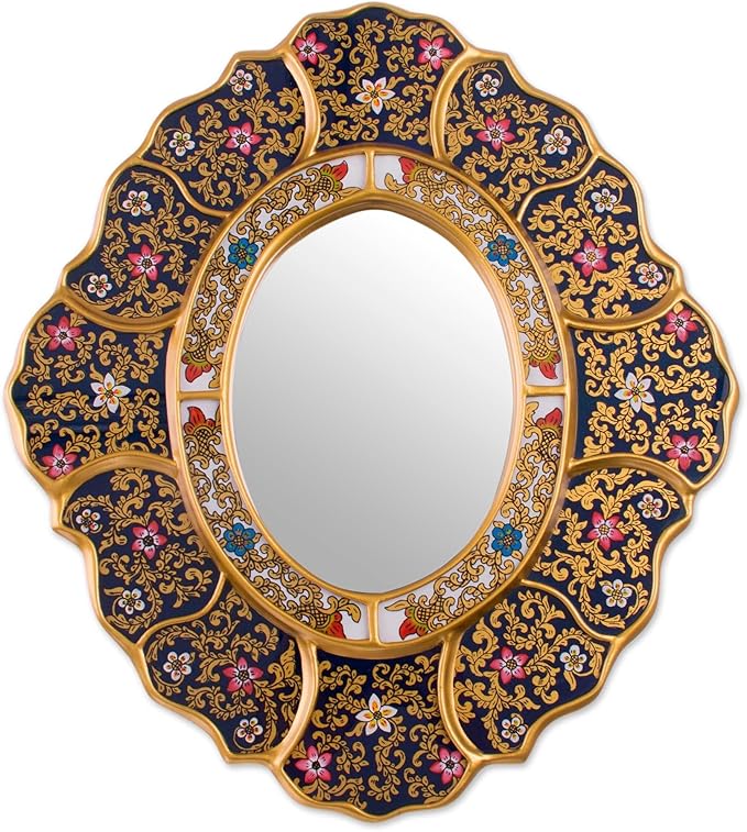 NOVICA Artisan Handcrafted Reverse Painted Glass Wall Mirror Andean Metallic Blue Glasswood Peru Decor Mirrors Floral [13.75in W x 15.25in H] ' Garden Gold'