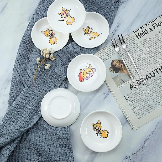 SOCOSY Super Cute Cartoon Animal Pattern Ceramic Sauce/Seasoning/Sushi Soy Dipping Bowl/Appetizer Plates/Serving Dish for Kitchen Home (Set of 6) - Corgi