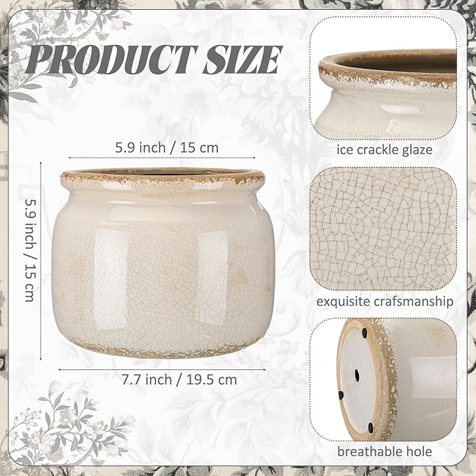 7.7″ Large Vintage Ceramic Plant Pot Pure Beige Rustic Planter with Ice Crackle Glaze & Drainage Hole for Indoor Outdoor Plants Farmhouse Home Kitchen Office Decor Gift for Women Teacher