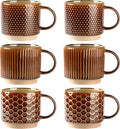 GBhome 12 OZ Stackable Coffee Mugs Set of 6, Ceramic Coffee Cups with Texture Patterns for Man,Woman,Dad,Mom, Modern Coffee Cups for Latte/Cappuccino/Cocoa. Dishwasher&Microwave Safe,Caramel