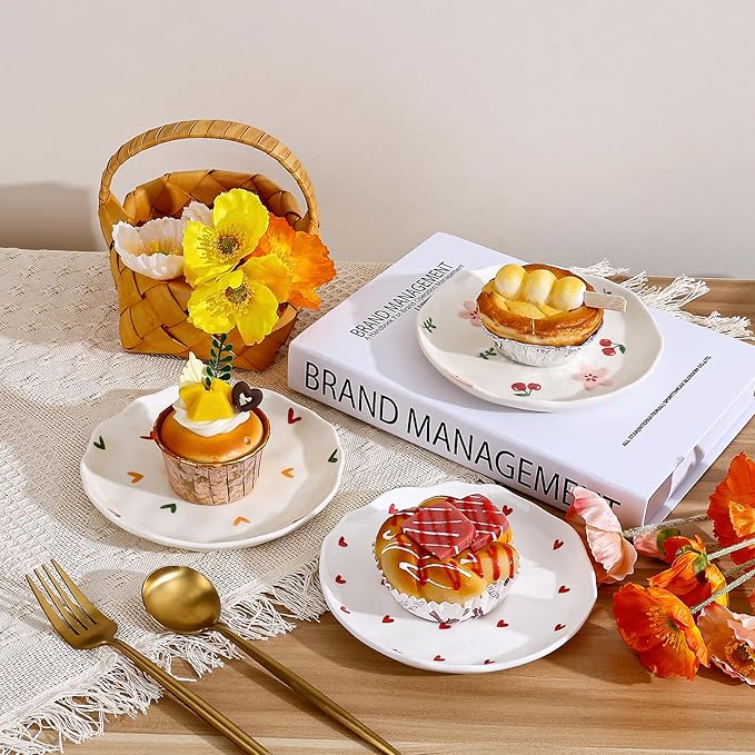 Koythin Ceramic Dessert Plates, Cute Fruits Dinner Plate, Creative Plates Design, Printed Flowers Dinnerware for Office and Home, Kitchen Plates for Desserts (Pink Cherry Flowers)