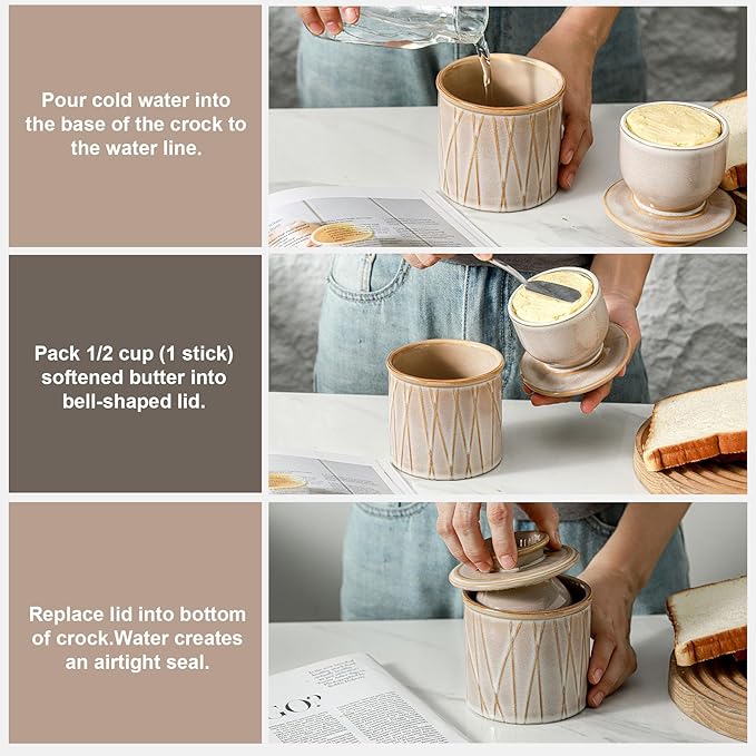 HVH Ceramic Butter Crock with Water Line, French Butter Dish with Lid for Countertop, Butter Keeper for Counter, Butter Holder for Soft Butter, Irregular Striped (Sand Color, 4x4)