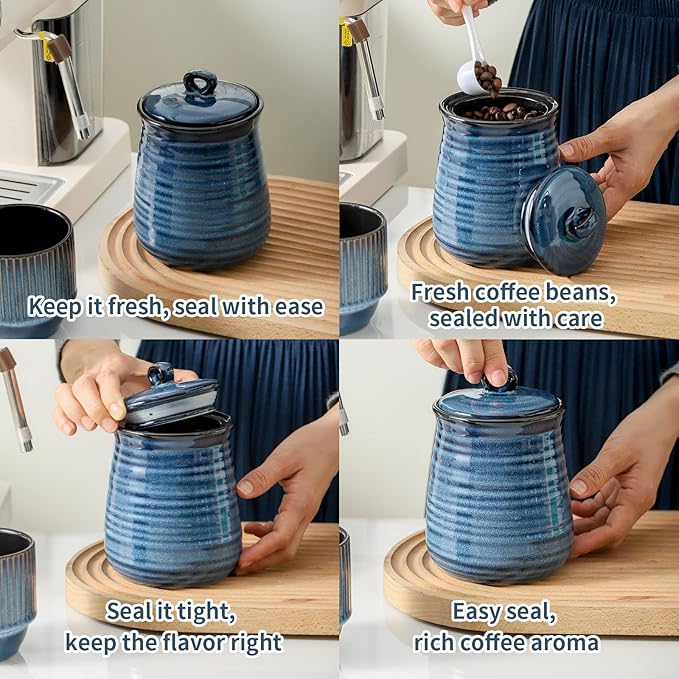HASENSE Kitchen Canisters Set with Airtight Lid for Countertop, 25 Ounce Ceramic Vintage Food Storage Jars Containers Set of 3 with Cover for Coffee, Sugar, Tea, Spice, Candy and Nut, Navy