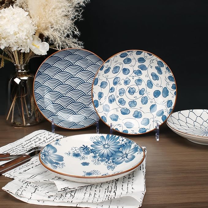 Small Ceramic Salad Plates Set of 4, 7 Inch (13oz) Japanese Appetizer Plates for Sushi Snacks, Dessert Plates for Cake Fruit, Blue & White Dinnerware, Microwave Dishwasher Safe
