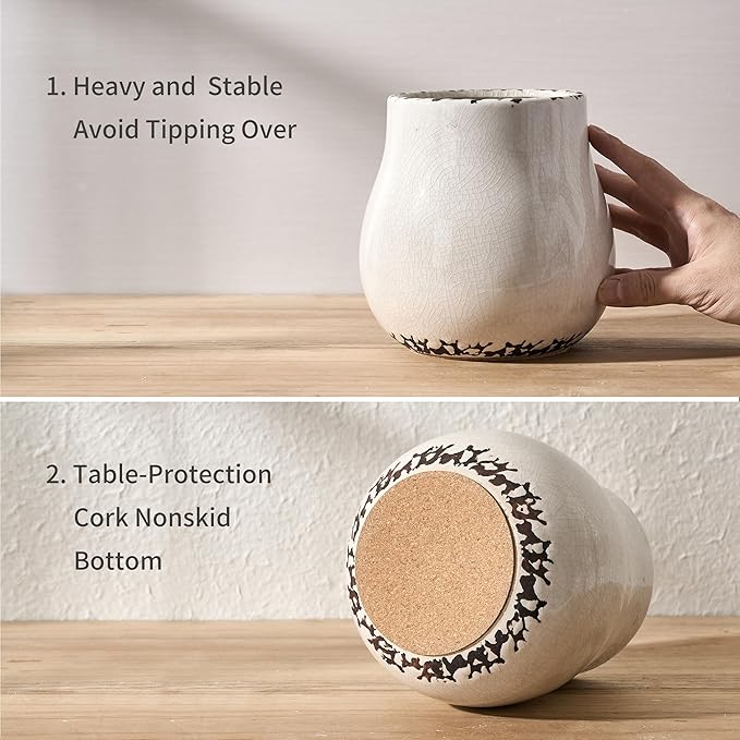 JIEMEI HOME Kitchen Utensil Holder for Kitchen Counter, 6.3" Ceramic Rustic Utensil Crock for Countertop, Farmhouse Cooking Tool Organizer, Spatula Holder For Kitchen Decor, Antique Cracked White