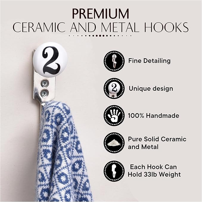 IndianShelf Ceramic, Zinc Decorative Cute Hooks for Hanging Coats, Jackets, Leash, Hat, Towel, Backpack, Purse, Handbag - White