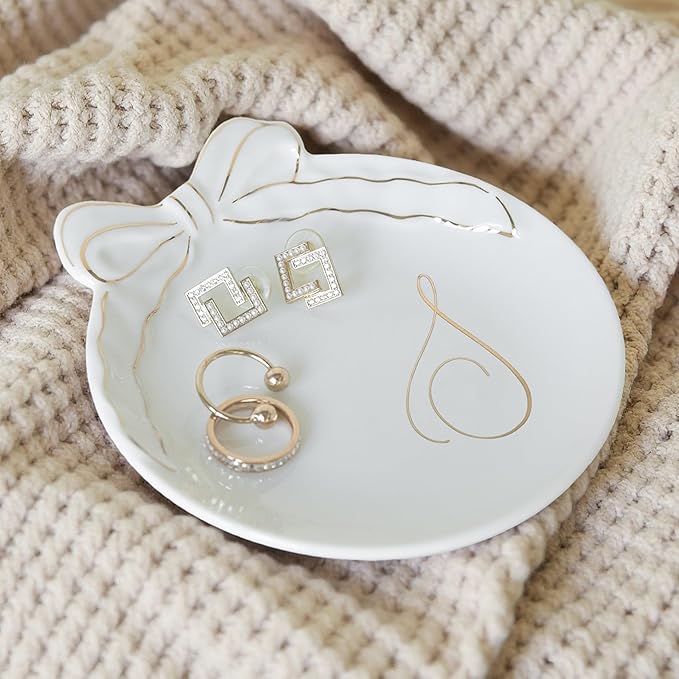COLLECTIVE HOME Custom Initial Ceramic Jewelry Tray with Bow - Ring Holder & Earring Dish | Christmas Gift Idea for Women, Unique Birthday Present for Her (S)