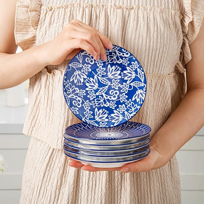 Ceramic Dessert Plates Set - 6 Inch Mini Appetizer Plates for Kitchen - Small Salad Plate for Snacks Side Dish Cake, Gift, Microwave Dishwasher Safe, Vintage Blue