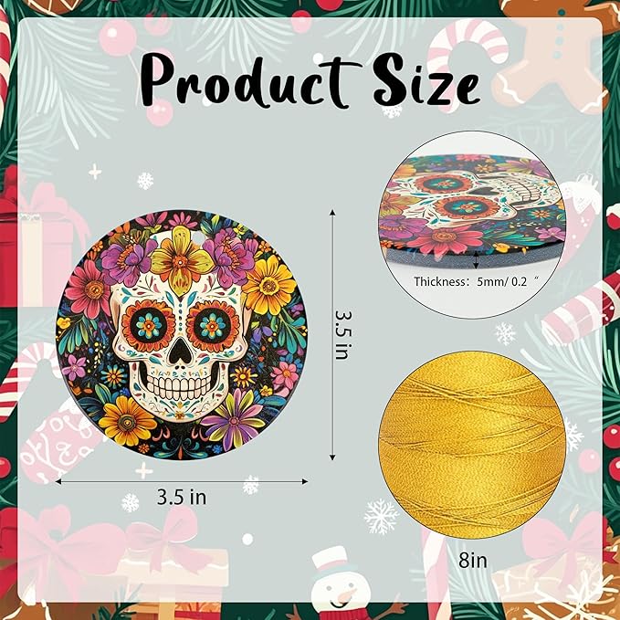 Floral Skull Christmas Ornaments Set of 4,Ceramic Skulls Ornaments for Christmas Tree,Keepsake Ornament Holiday Decoration, Round, Gift Exchange for Home