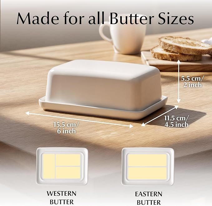 MIAMIO - Ceramic Butter Dish with Lid for Countertop, Holds 2 Sticks of Butter/Butter Holder and Container with Ceramic Lid, Butter Dish for Refrigerator (White)