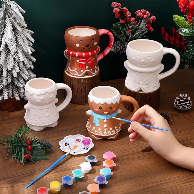 Zubebe 4 Sets Christmas Paint Your Own Mugs Craft Kit, Xmas Ceramic to Paint, Christmas Gingerbread Man DIY Mugs for Adults, Festive Coffee Tea Cup with Painting Set for Family Xmas Craft Office Gift