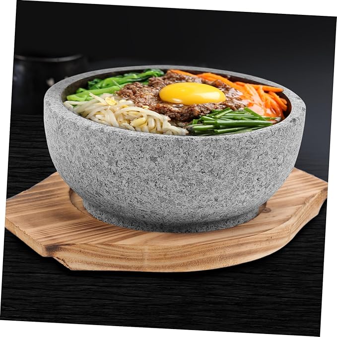 ABOOFAN Bibimbap Bowl Korean Stone Pot Large Bowl Multi-function Serving Portable Rice Natural Stone Carbonized Wood Pad