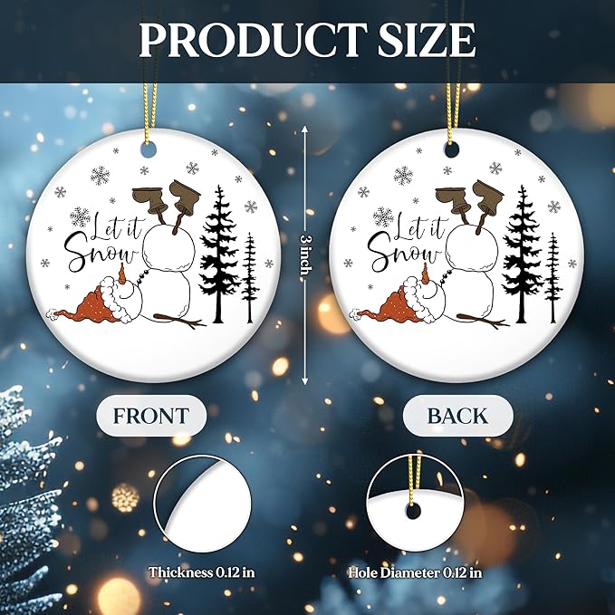 Funny Snowman Ornament 2025, Let It Snow Ornament – Gift for Family and Friends – Cute Fallen Snowman with Santa Hat and Boots – Humorous Holiday Decoration, Winter Tree Ceramic Gift