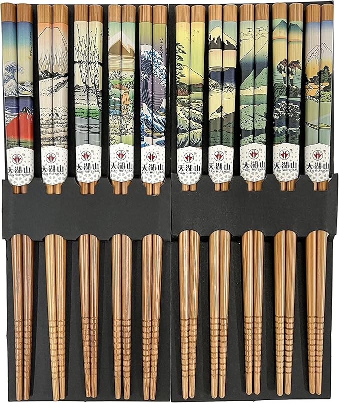 10 Pairs Reusable Bamboo Chopsticks, Edo period Landscape Pattern Natural Bamboo Wood Chopsticks, 8.8Inch/22.5cm Polybag packing by LANHUTHS