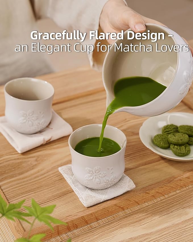 ZENS Japanese Tea Cups Set of 4 – 210ML Embossed Porcelain Japan Tea Cups, Handleless, Traditional Japanese Style for Gongfu Tea, Matcha – Off White