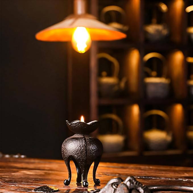 Japanese Style Cast Iron Candle Holder, Small Handmade Vintage Candlestick Holders, Rustic Pillar Candle Holder, Farmhouse Candle Stand for Fireplace Shelf Home Decor (4.53" Tall Pattern)