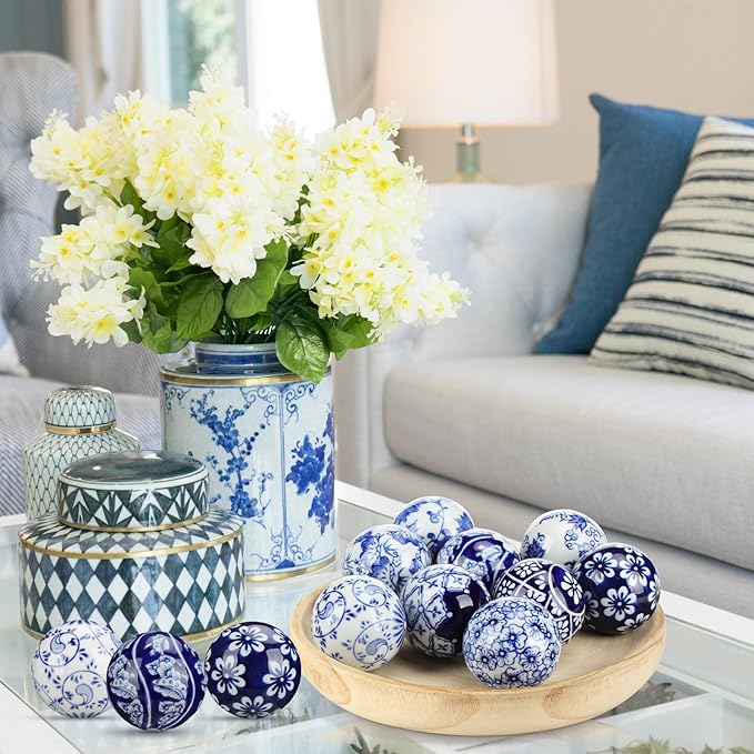 Vesici 9 Pcs Blue and White Porcelain Balls Decorative Chinoiserie Orbs for Centerpiece Bowls China Ceramic Balls Farmhouse Basket Tray Vases Decoration Gifts for Dining Table Holiday(Vintage Style)