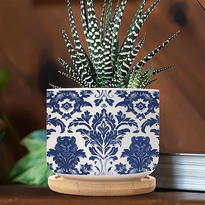 Blue Regalia Lion Ceramics Pots for Plants Set of 3 Indigo Blue Flower Lion Asian Succulents Plants Live with Pot with Drainage Bamboo Trays Chinoiserie Asian Small Ceramics Plant Pot
