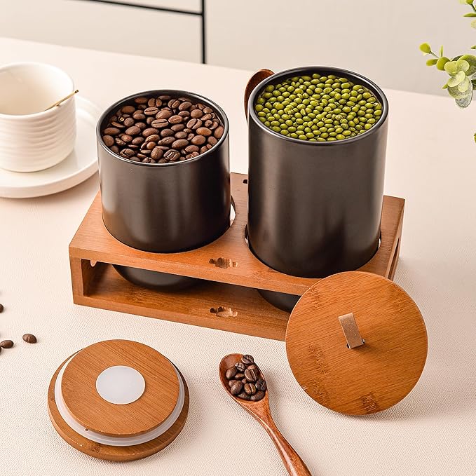 Black Ceramic Canister Set of 2 with Bamboo Lids, Wooden Stand & Spoons – 35oz & 28oz Airtight Food Storage Jars for Coffee, Sugar, Tea, Kitchen Counter Organizer