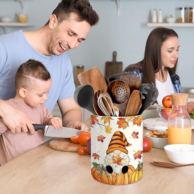 pinata Fall Thanksgiving Kitchen Decor Ceramic Utensil Holder, Farmhouse Fall Gnome Pumpkin Utensils Holder, Ceramic Utensils Crock for Rustic Indoor Kitchen Decorations(6.3 Inches)
