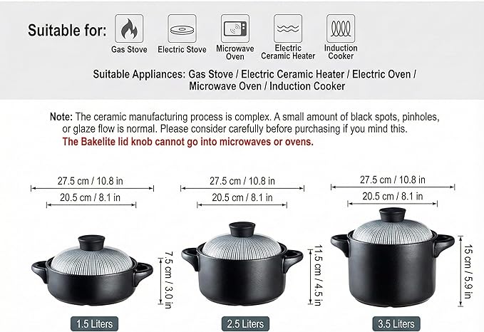 Japanese Clay Pot for Cooking with Lid, Ceramic Casserole Dish & Korean Stone Pot Alternative, Durable Earthenware Nabe Cookware for Rice, Stew C 2.5L