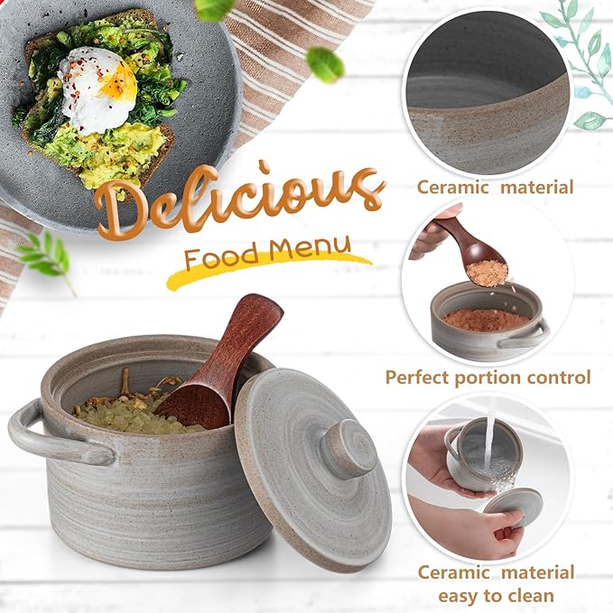 Honeydak Speckled Ceramic Salt Cellar with Lid and Wooden Spoon, Rustic Farmhouse Salt Pepper Cellar Holder for Valentines Day,Housewarming Gift, Heavyweight Spices Jar(Threaded Gray,1 Set)